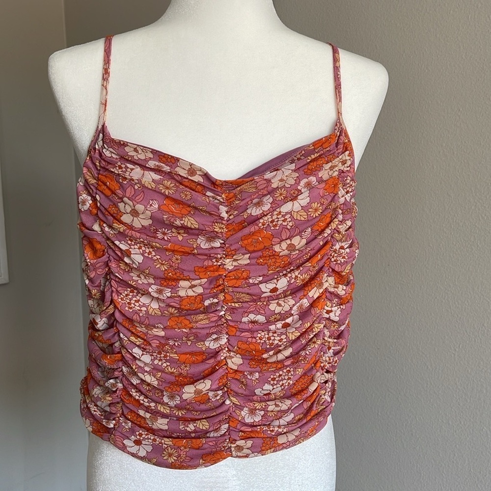 Floral Ruched Women's Top - Pink and Orange Size XL